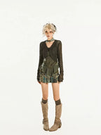 Nico Molly Dark Green Openwork Cropped Tie Front V-neck Women's Polyester Cardigans