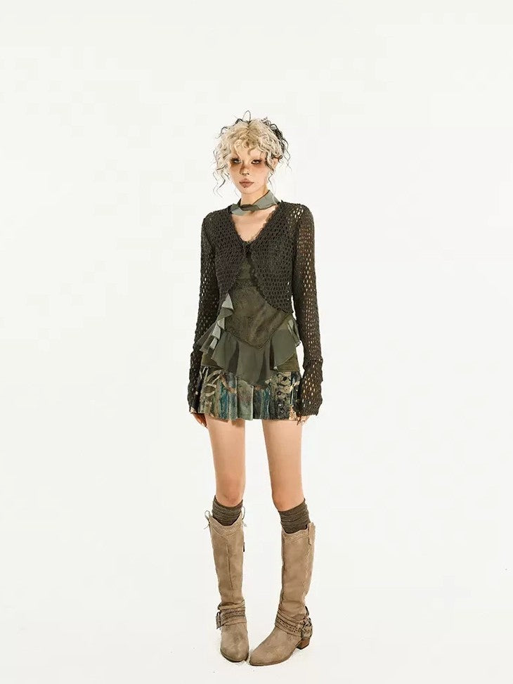 Nico Molly Dark Green Openwork Cropped Tie Front V-neck Women's Polyester Cardigans