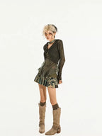 Nico Molly Dark Green Openwork Cropped Tie Front V-neck Women's Polyester Cardigans