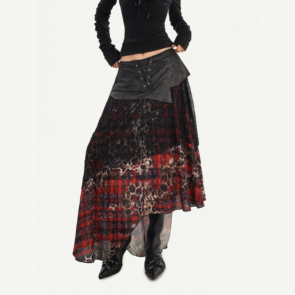 Nico_Molly_Dark_Red_Plaid_Asymmetric_Patchwork_Women's_Lace_Tulle_High_Waist_Maxi_Skirts_1010235455817_MISSTT
