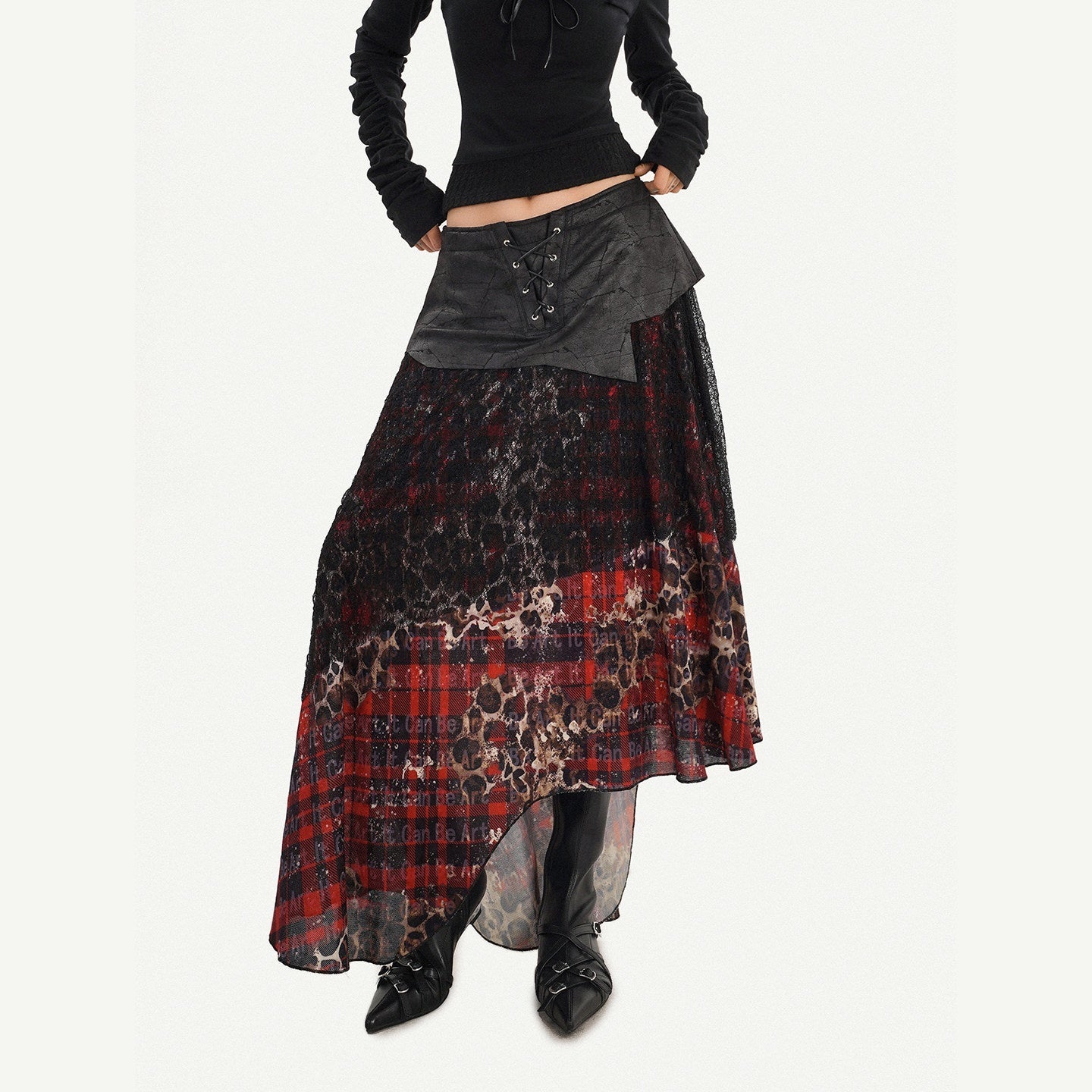 Nico_Molly_Dark_Red_Plaid_Asymmetric_Patchwork_Women's_Lace_Tulle_High_Waist_Maxi_Skirts_1010235455817_MISSTT