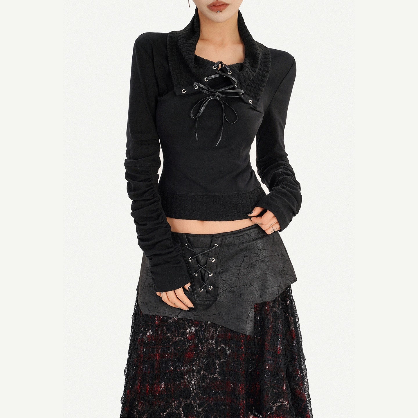 Nico_Molly_Dark_Red_Plaid_Asymmetric_Patchwork_Women's_Lace_Tulle_High_Waist_Maxi_Skirts_1010235455817_MISSTT