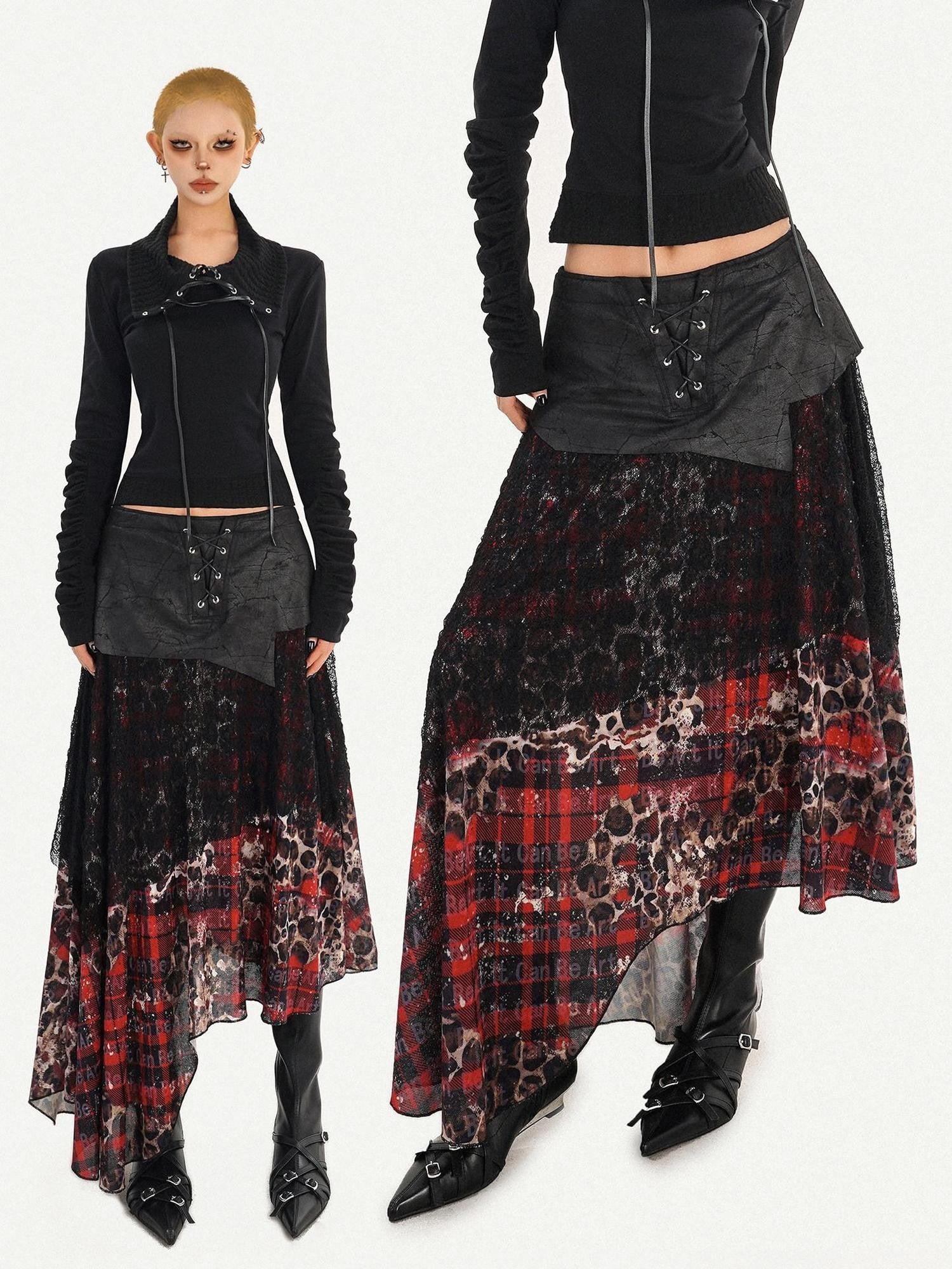 Nico Molly Dark Red Plaid Asymmetric Patchwork Women's Lace Tulle High Waist Maxi Skirts