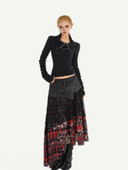 Nico Molly Dark Red Plaid Asymmetric Patchwork Women's Lace Tulle High Waist Maxi Skirts