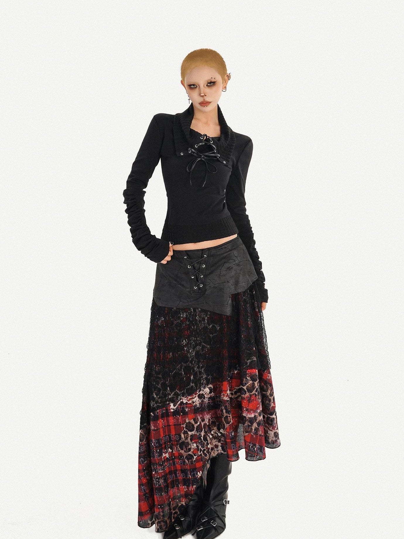 Nico Molly Dark Red Plaid Asymmetric Patchwork Women's Lace Tulle High Waist Maxi Skirts