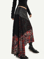 Nico Molly Dark Red Plaid Asymmetric Patchwork Women's Lace Tulle High Waist Maxi Skirts