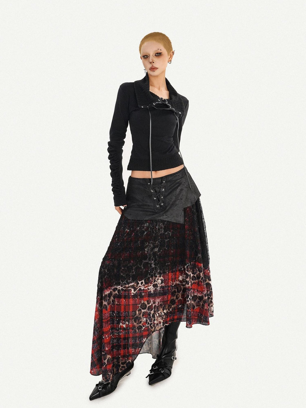 Nico Molly Dark Red Plaid Asymmetric Patchwork Women's Lace Tulle High Waist Maxi Skirts