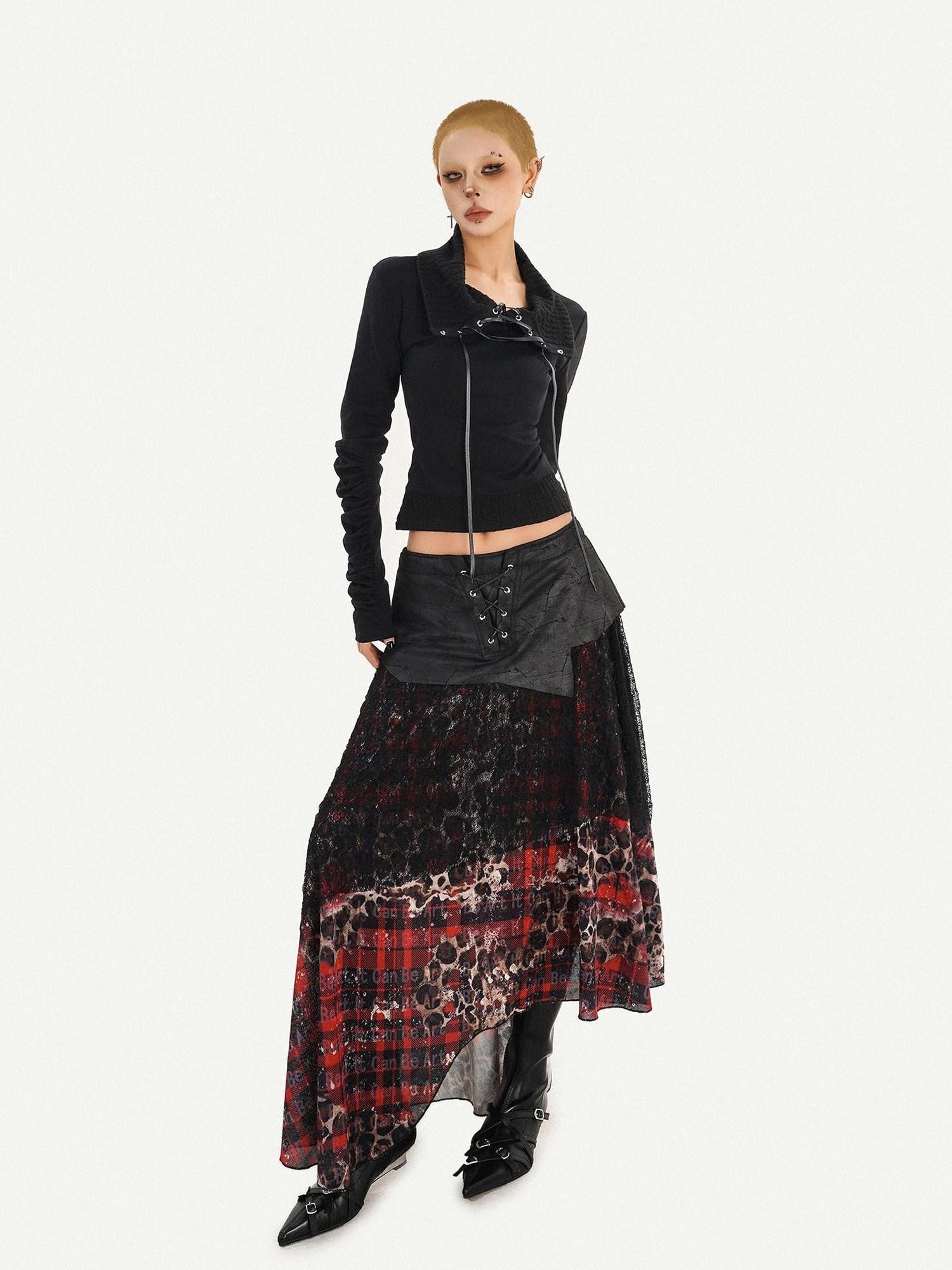 Nico Molly Dark Red Plaid Asymmetric Patchwork Women's Lace Tulle High Waist Maxi Skirts