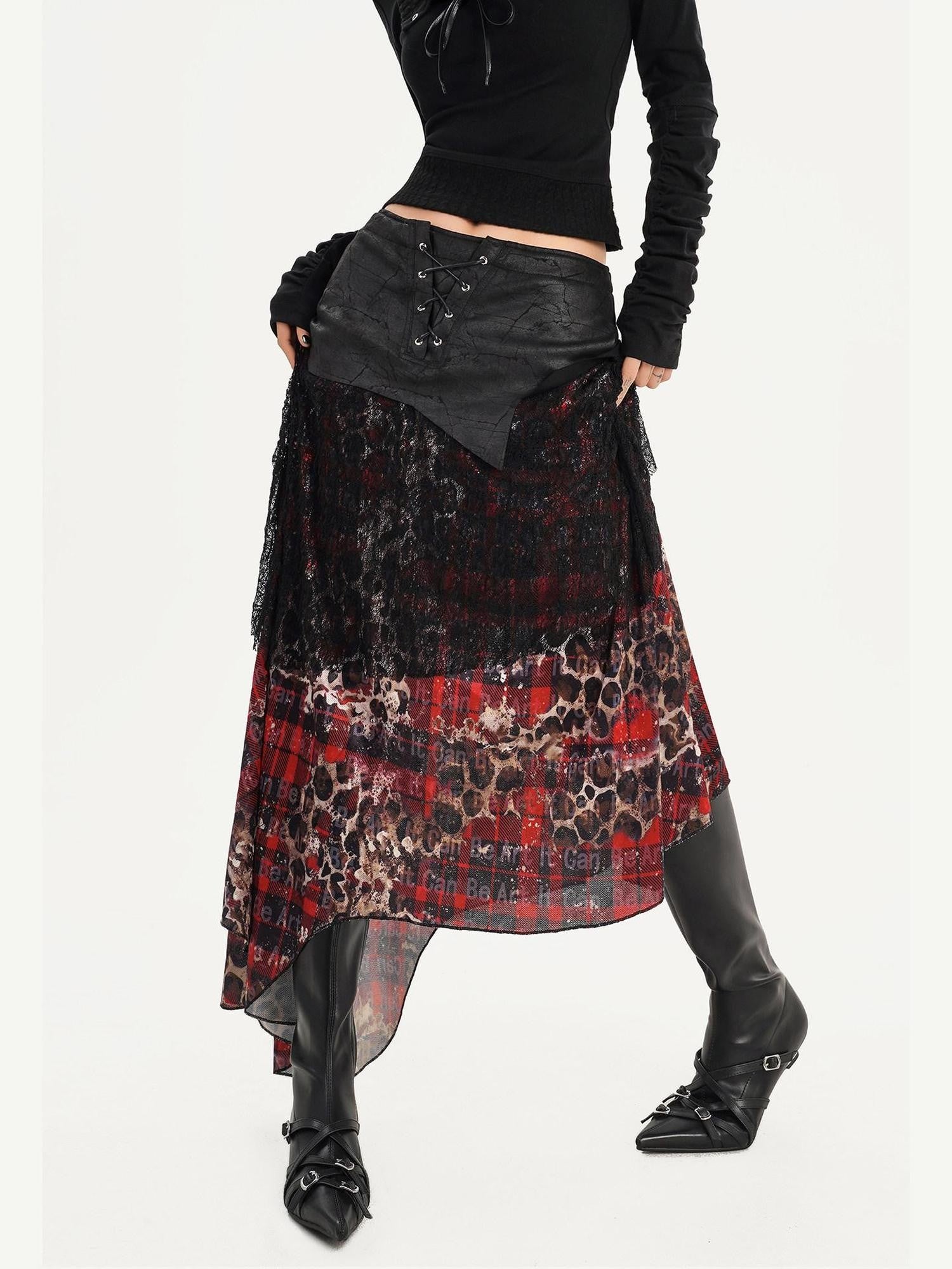Nico Molly Dark Red Plaid Asymmetric Patchwork Women's Lace Tulle High Waist Maxi Skirts
