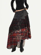 Nico Molly Dark Red Plaid Asymmetric Patchwork Women's Lace Tulle High Waist Maxi Skirts