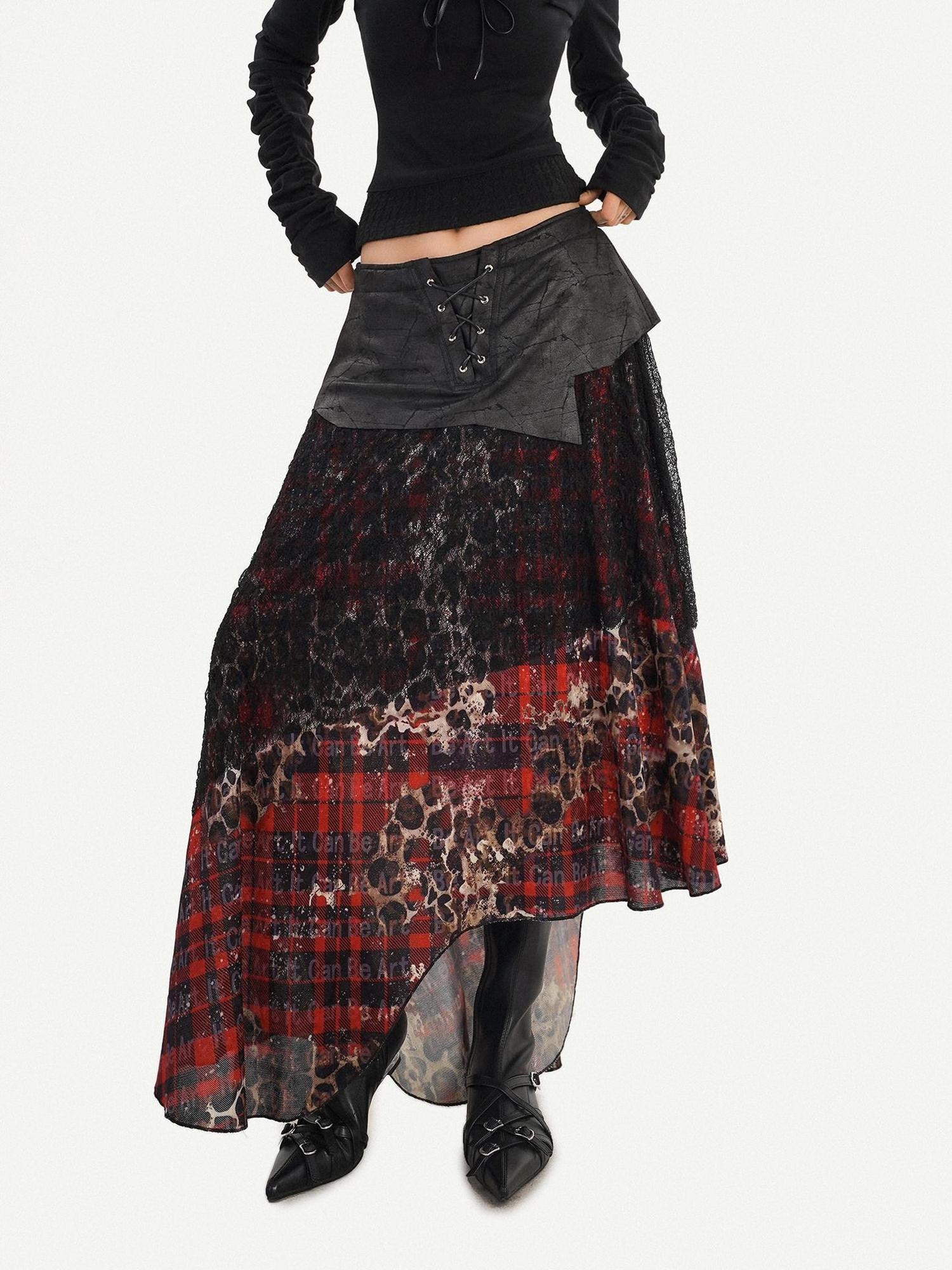 Nico Molly Dark Red Plaid Asymmetric Patchwork Women's Lace Tulle High Waist Maxi Skirts