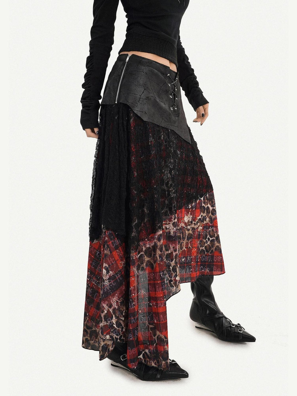 Nico Molly Dark Red Plaid Asymmetric Patchwork Women's Lace Tulle High Waist Maxi Skirts