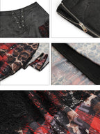 Nico Molly Dark Red Plaid Asymmetric Patchwork Women's Lace Tulle High Waist Maxi Skirts