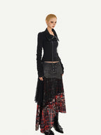 Nico Molly Dark Red Plaid Asymmetric Patchwork Women's Lace Tulle High Waist Maxi Skirts