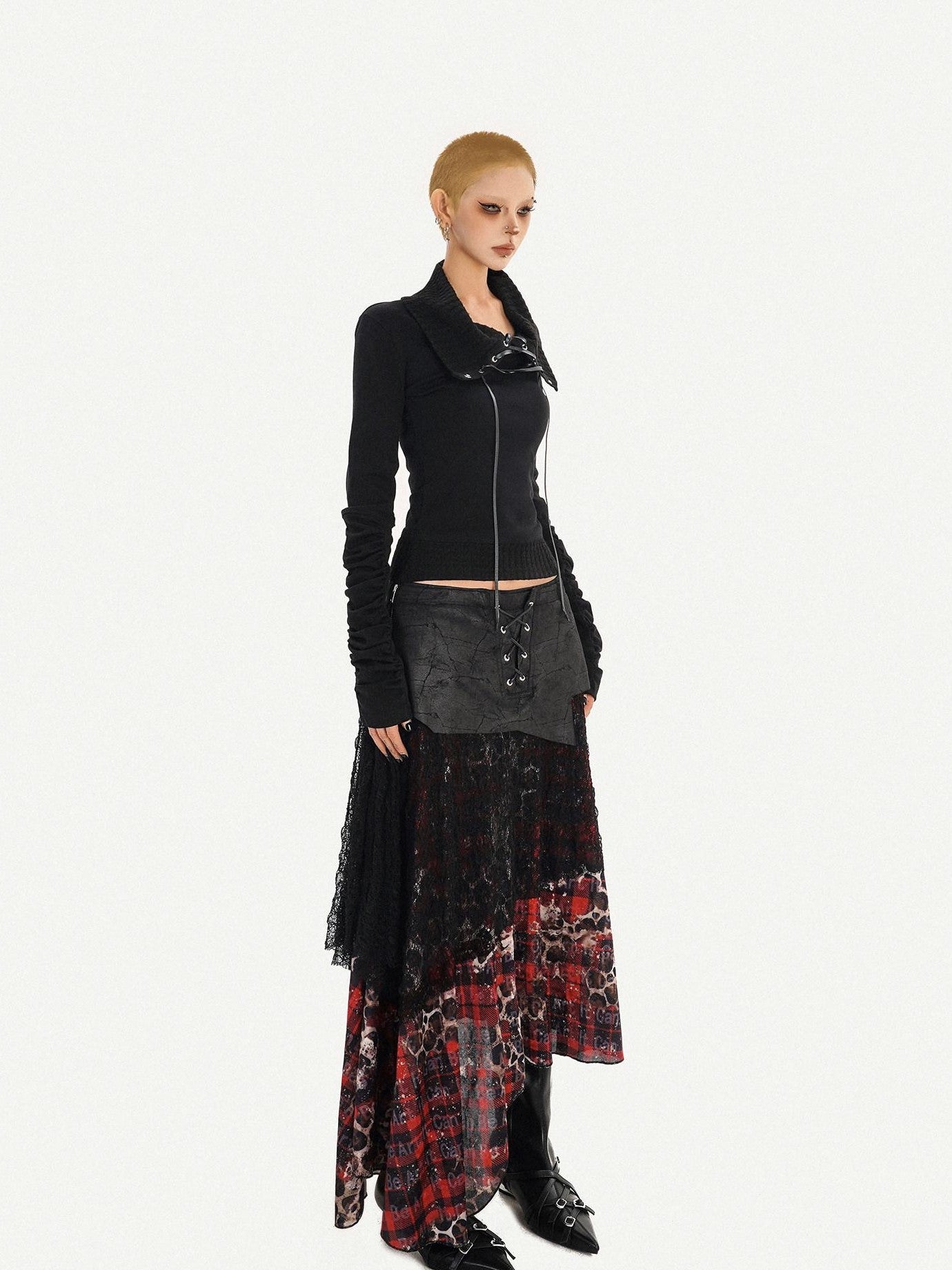 Nico Molly Dark Red Plaid Asymmetric Patchwork Women's Lace Tulle High Waist Maxi Skirts