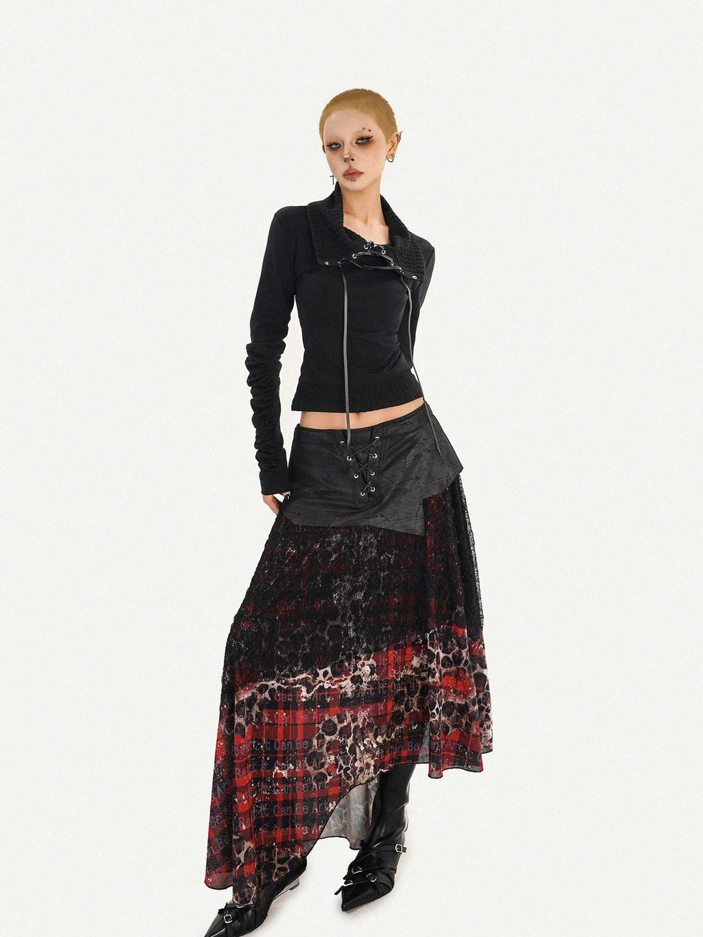 Nico Molly Dark Red Plaid Asymmetric Patchwork Women's Lace Tulle High Waist Maxi Skirts