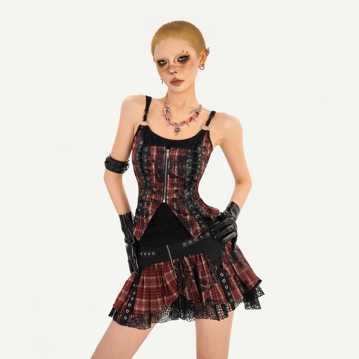 Nico_Molly_Dark_Red_Plaid_Zipper_Patchwork_Women's_Strappy_High_Waist_Mini_Top_&_Skirt_Sets_1029491306291_MISSTT