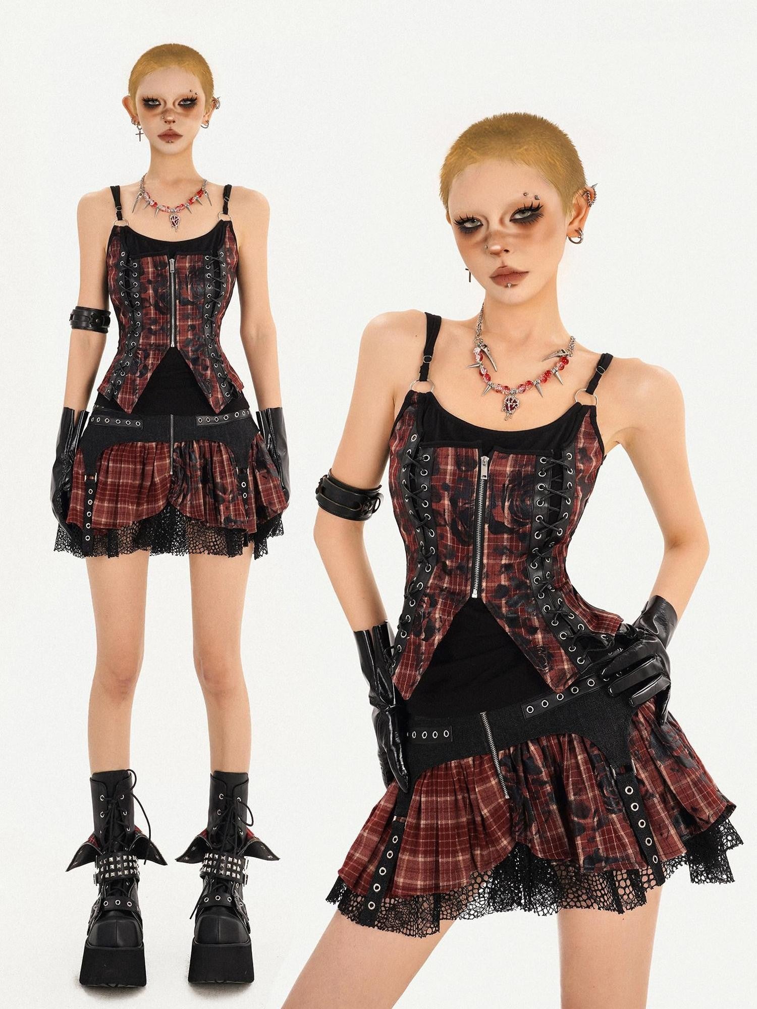 Nico Molly Dark Red Plaid Zipper Patchwork Women's Strappy High Waist Mini Top & Skirt Sets