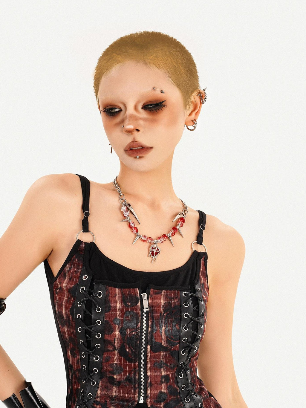 Nico Molly Dark Red Plaid Zipper Patchwork Women's Strappy High Waist Mini Top & Skirt Sets