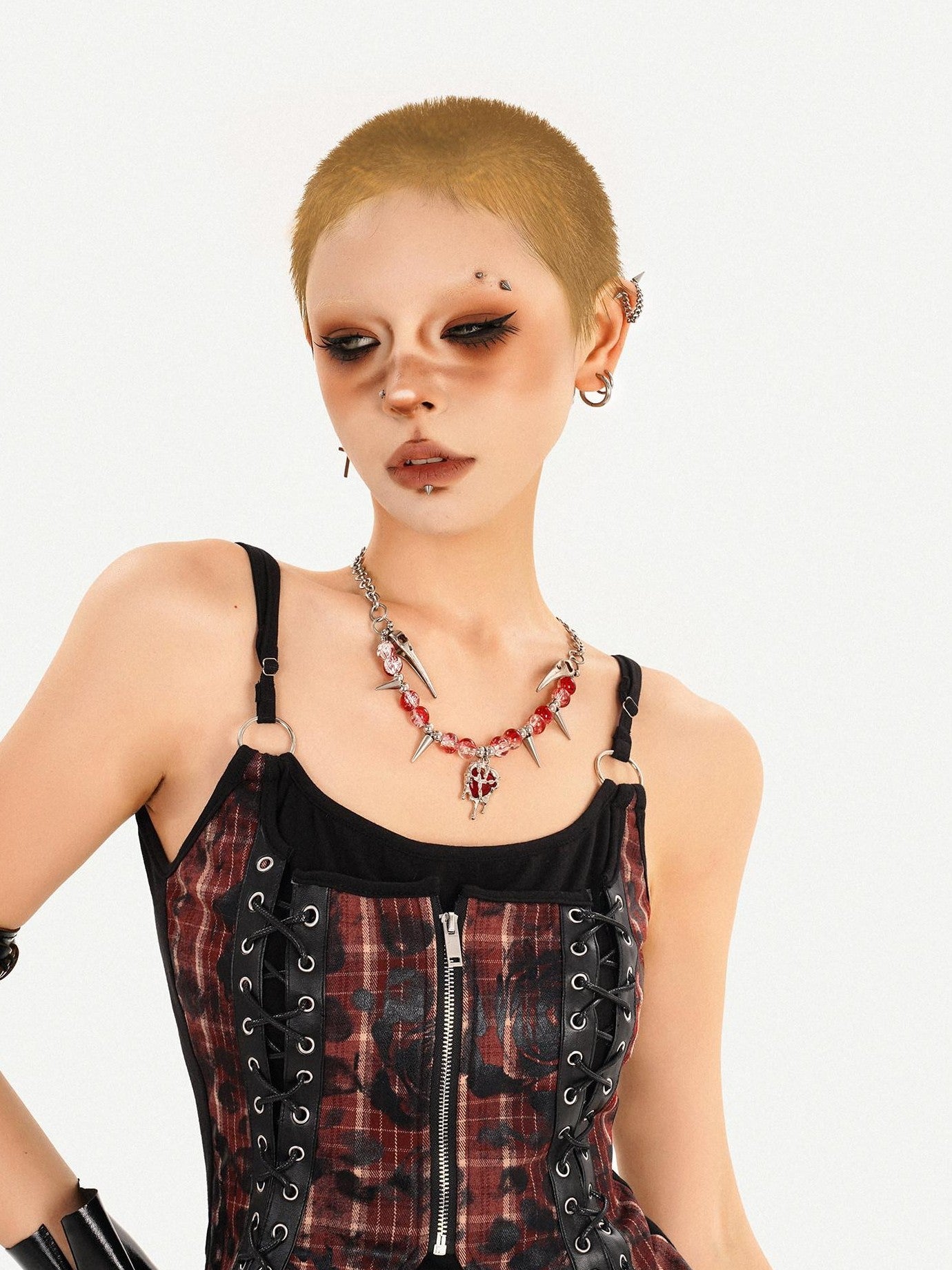 Nico Molly Dark Red Plaid Zipper Patchwork Women's Strappy High Waist Mini Top & Skirt Sets