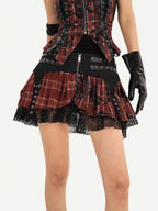 Nico Molly Dark Red Plaid Zipper Patchwork Women's Strappy High Waist Mini Top & Skirt Sets