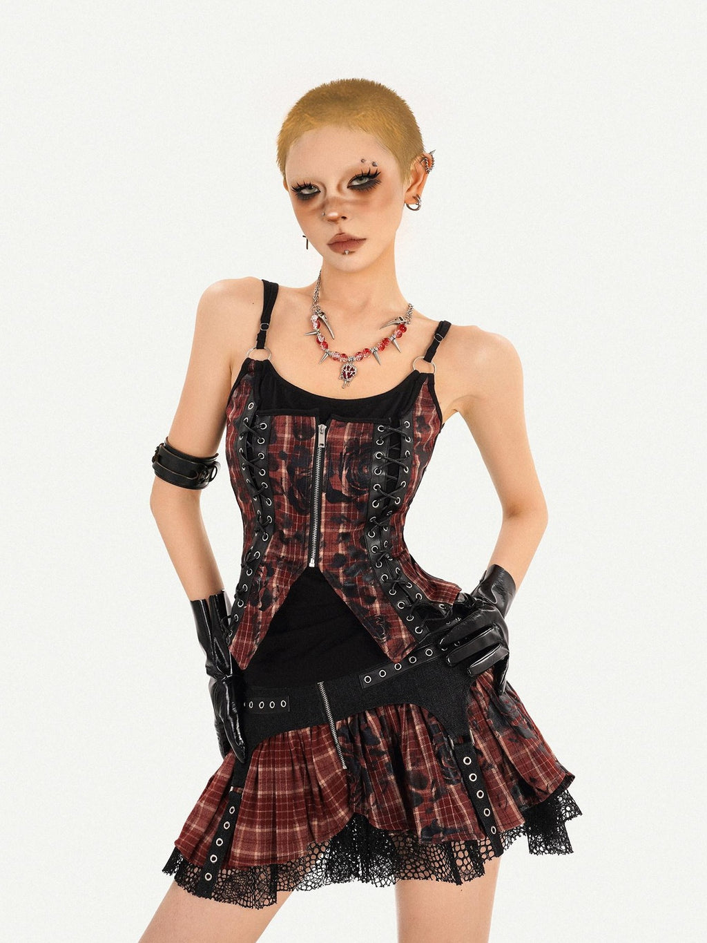 Nico Molly Dark Red Plaid Zipper Patchwork Women's Strappy High Waist Mini Top & Skirt Sets