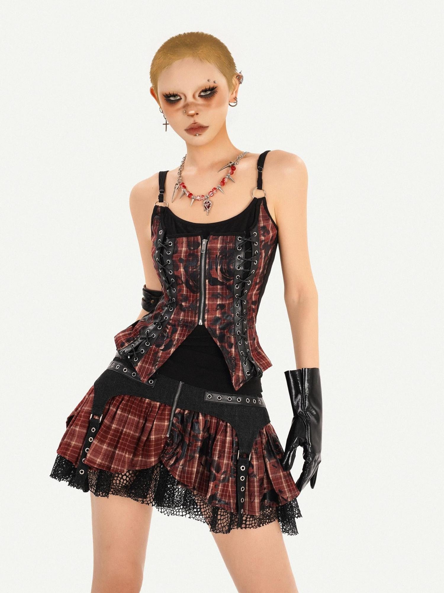Nico Molly Dark Red Plaid Zipper Patchwork Women's Strappy High Waist Mini Top & Skirt Sets