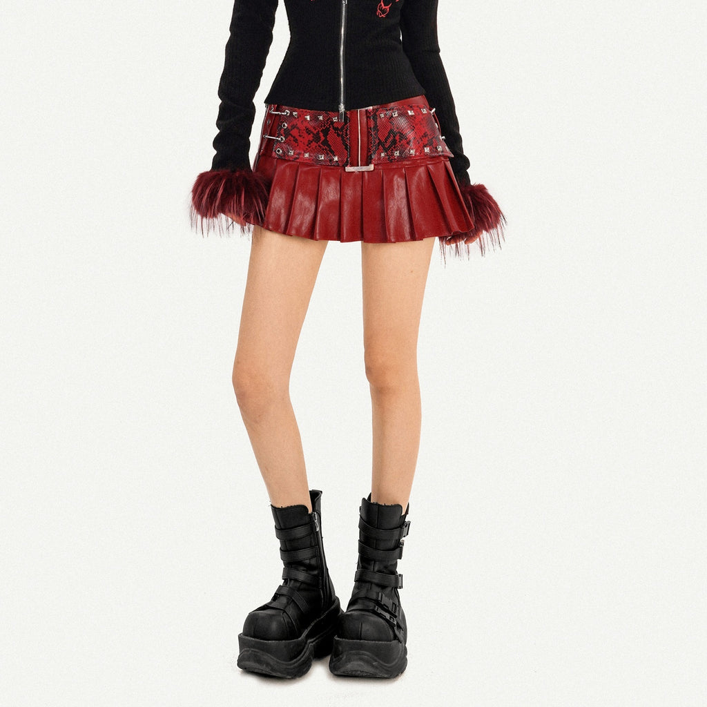 Nico_Molly_Dark_Red_Punk_Rock_Snake_Print_High_Waist_Pleated_Women's_Leather_Mini_Skirts_990953478841_MISSTT