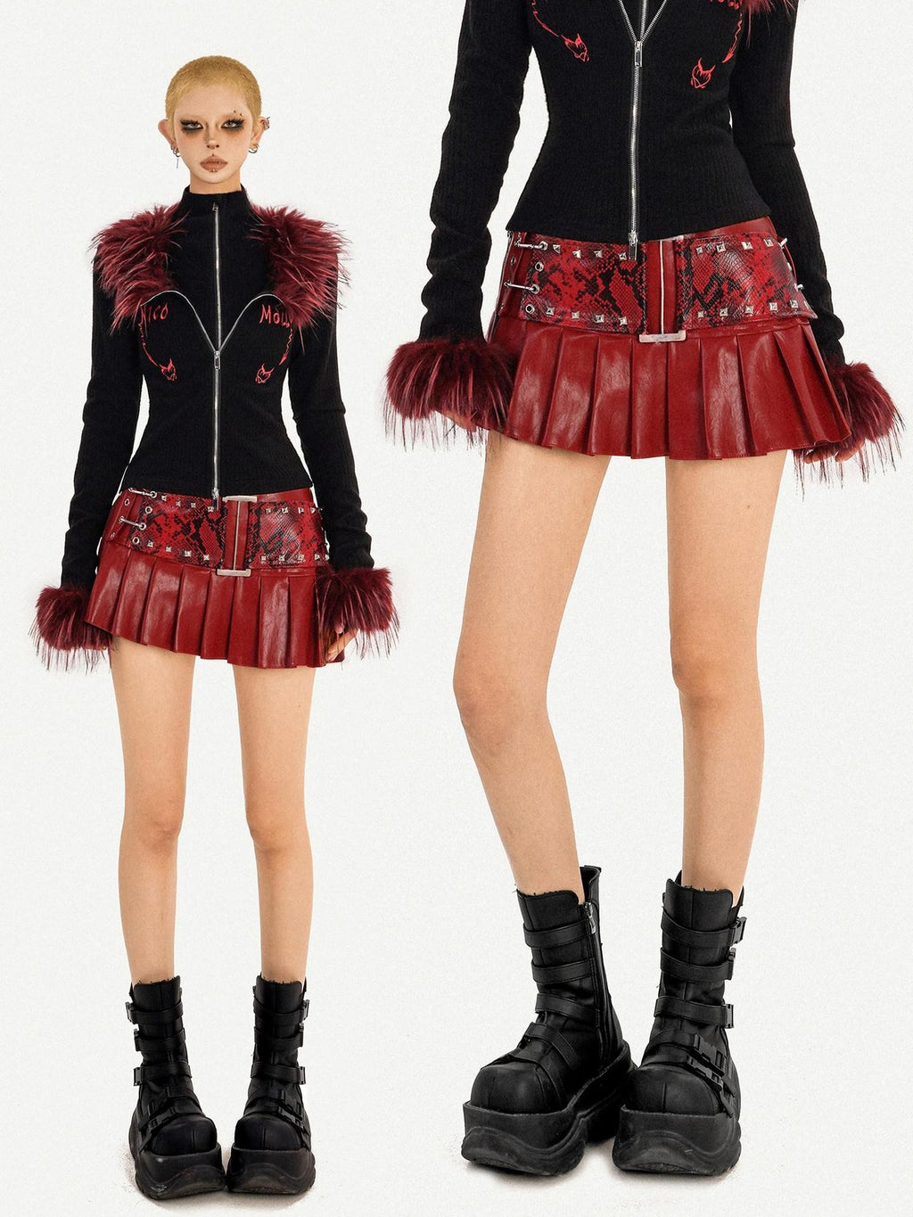 Nico Molly Dark Red Punk Rock Snake Print High Waist Pleated Women's Leather Mini Skirts