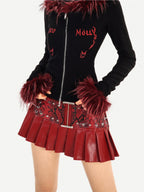 Nico Molly Dark Red Punk Rock Snake Print High Waist Pleated Women's Leather Mini Skirts