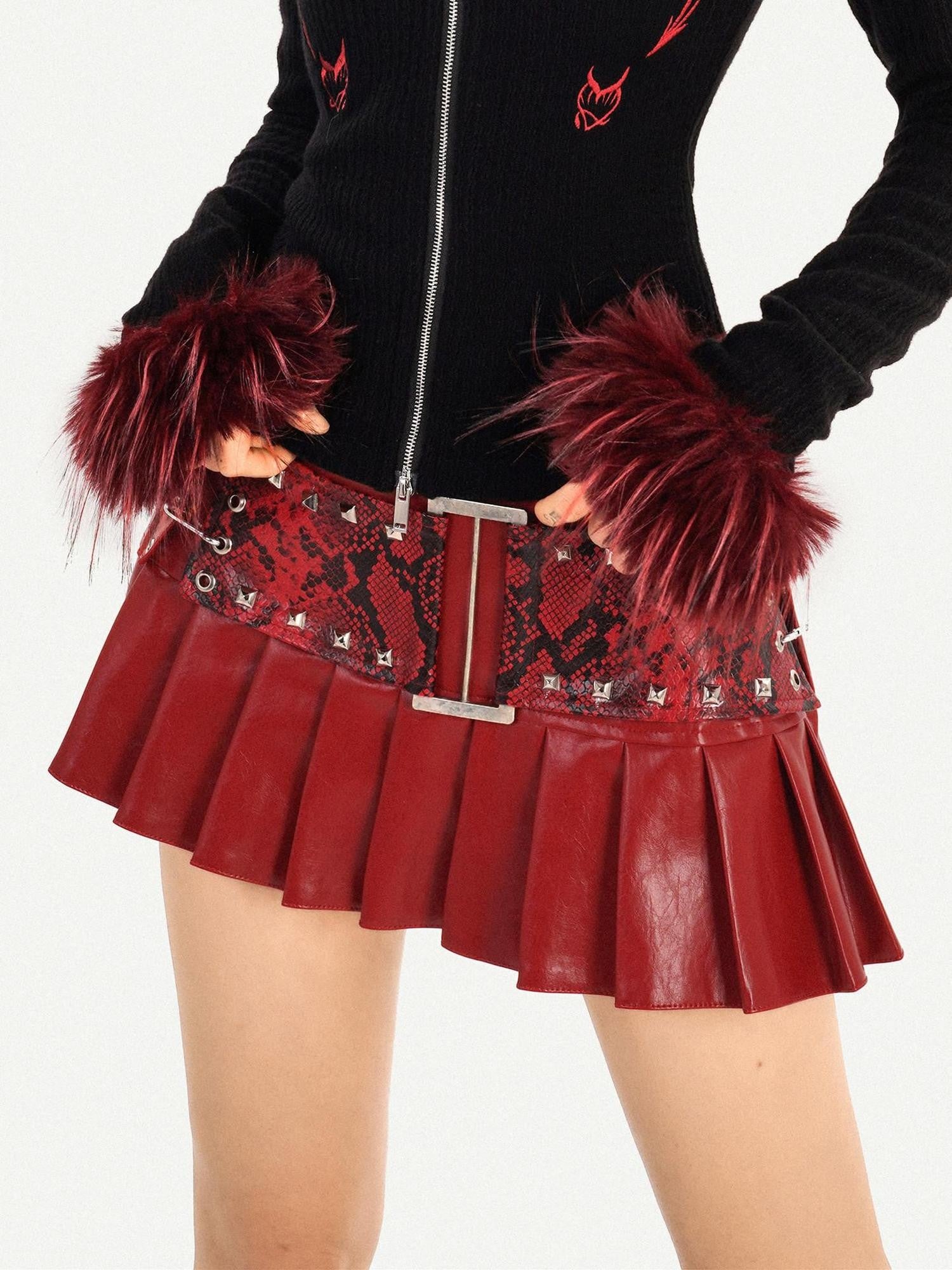Nico Molly Dark Red Punk Rock Snake Print High Waist Pleated Women's Leather Mini Skirts