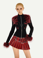 Nico Molly Dark Red Punk Rock Snake Print High Waist Pleated Women's Leather Mini Skirts