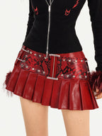 Nico Molly Dark Red Punk Rock Snake Print High Waist Pleated Women's Leather Mini Skirts