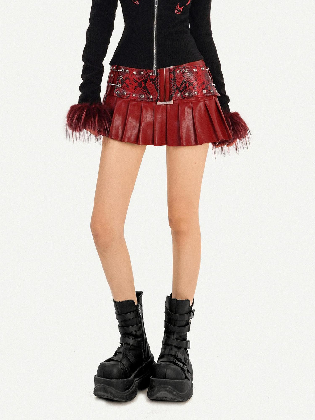 Nico Molly Dark Red Punk Rock Snake Print High Waist Pleated Women's Leather Mini Skirts