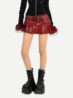 Nico Molly Dark Red Punk Rock Snake Print High Waist Pleated Women's Leather Mini Skirts