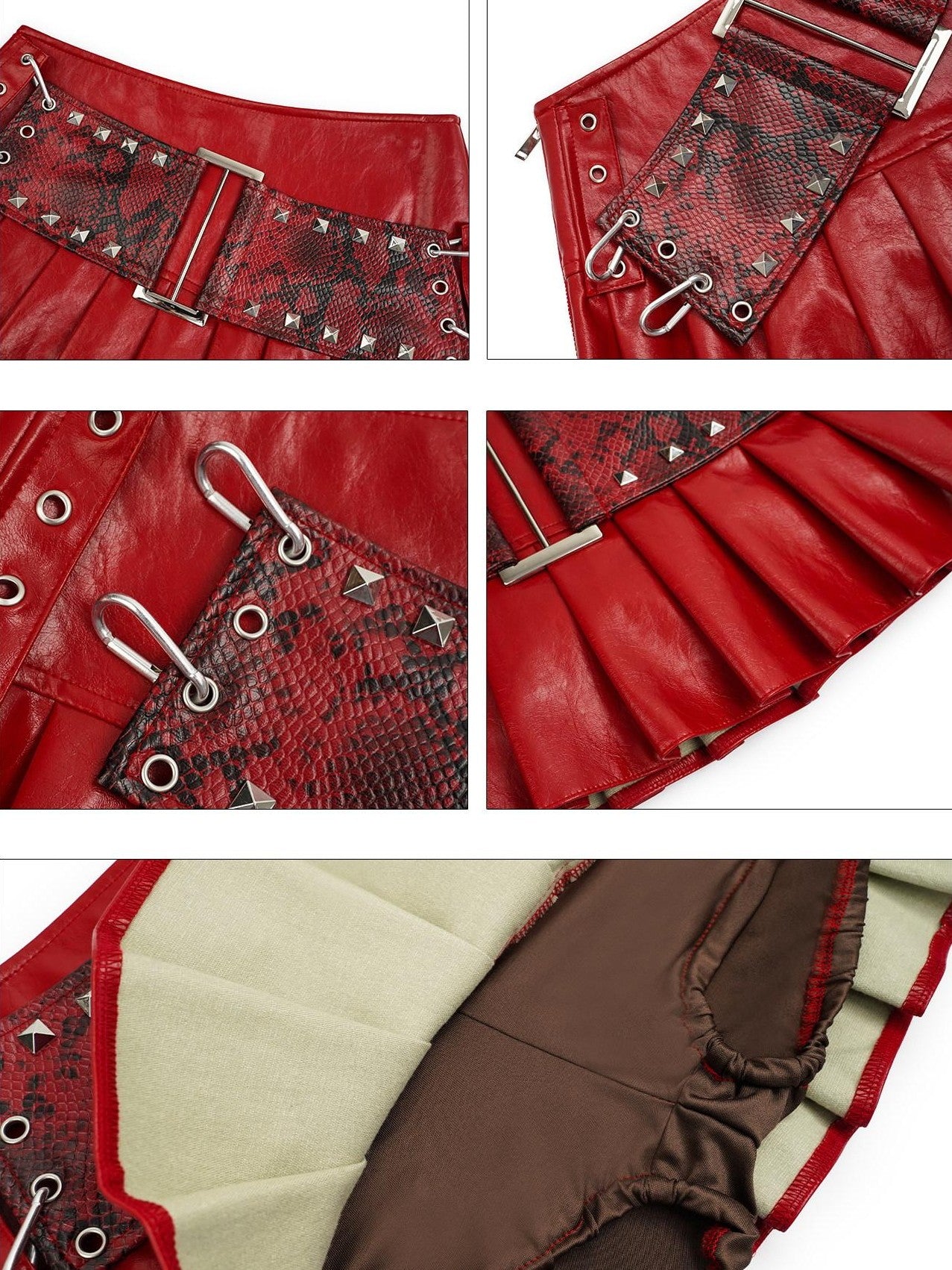 Nico Molly Dark Red Punk Rock Snake Print High Waist Pleated Women's Leather Mini Skirts