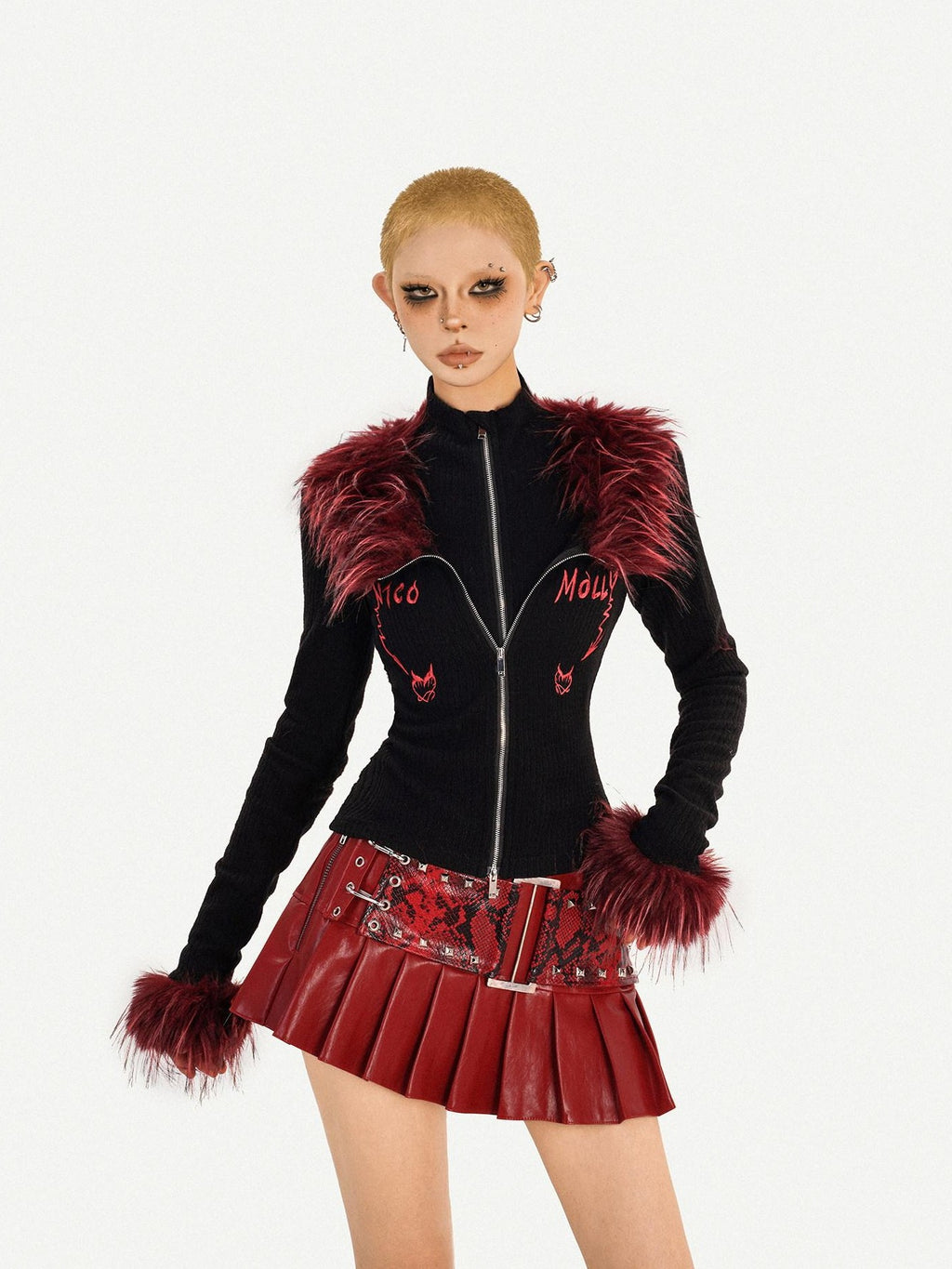 Nico Molly Dark Red Punk Rock Snake Print High Waist Pleated Women's Leather Mini Skirts