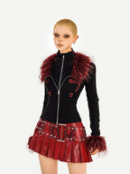 Nico Molly Dark Red Punk Rock Snake Print High Waist Pleated Women's Leather Mini Skirts