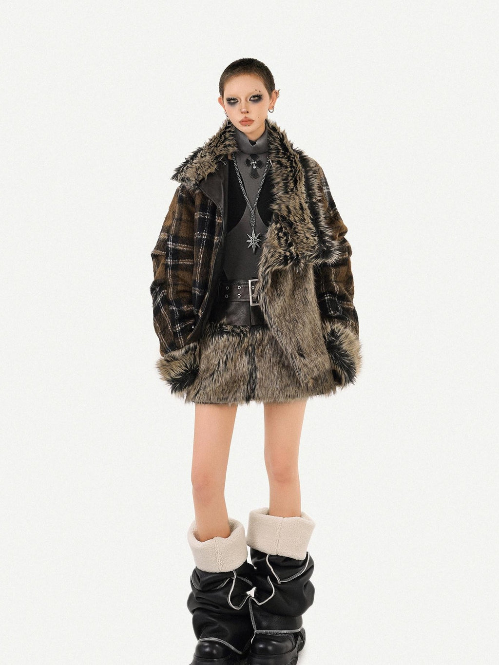 Nico Molly Dark Rock Plush Reversible Patchwork Plaid Women's Viscose Leather Jackets