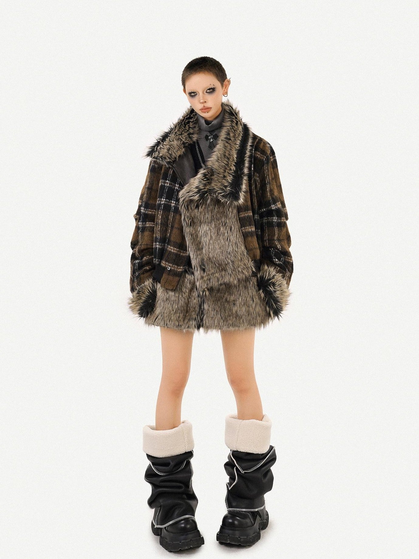 Nico Molly Dark Rock Plush Reversible Patchwork Plaid Women's Viscose Leather Jackets