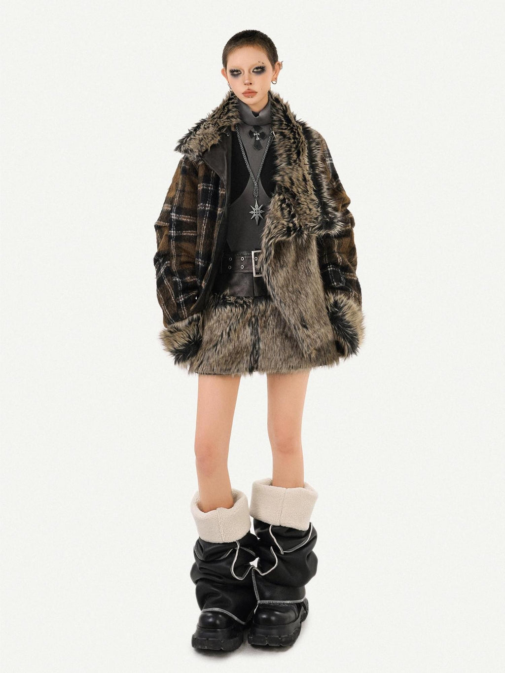 Nico Molly Dark Rock Plush Reversible Patchwork Plaid Women's Viscose Leather Jackets