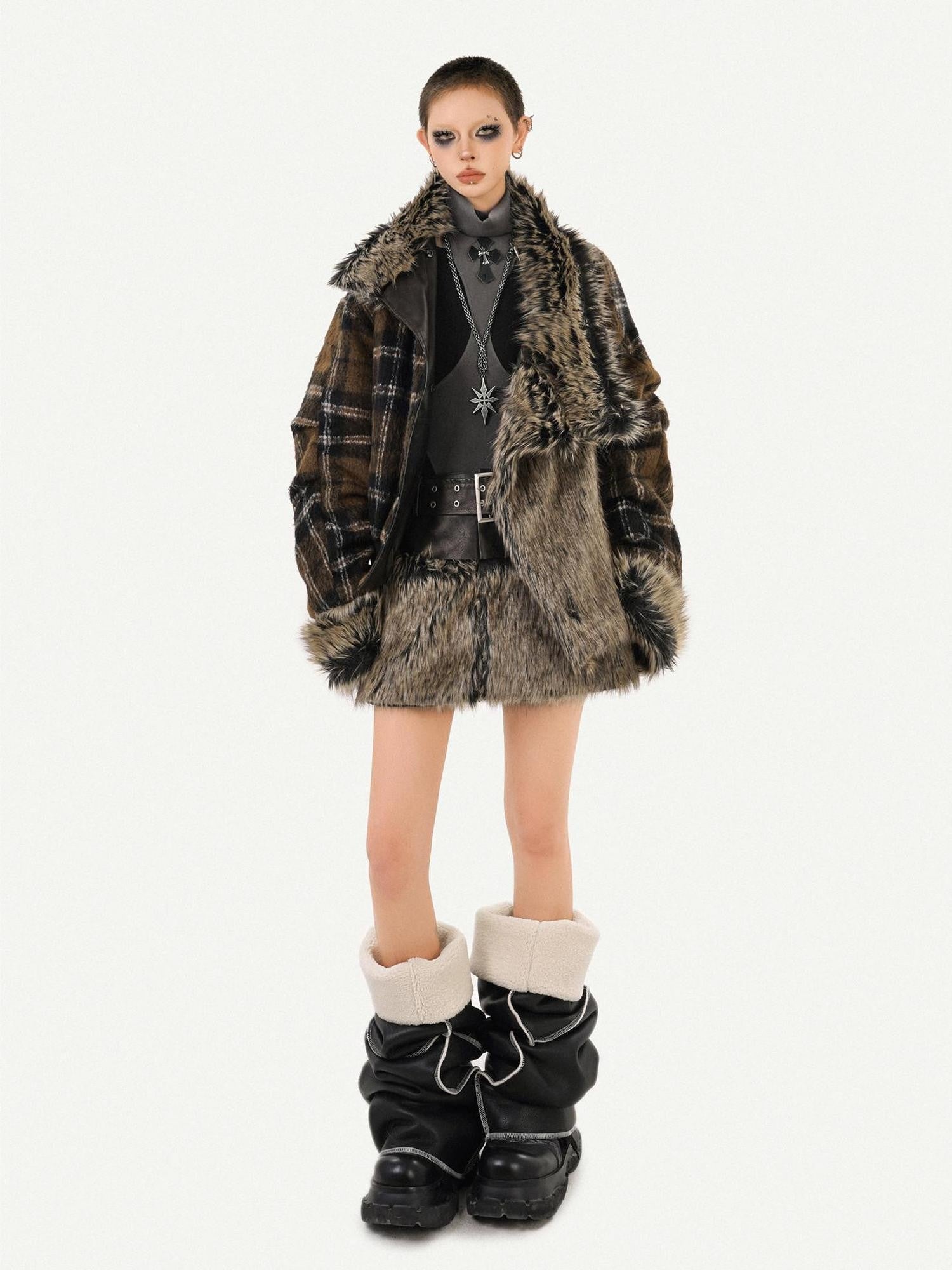 Nico Molly Dark Rock Plush Reversible Patchwork Plaid Women's Viscose Leather Jackets