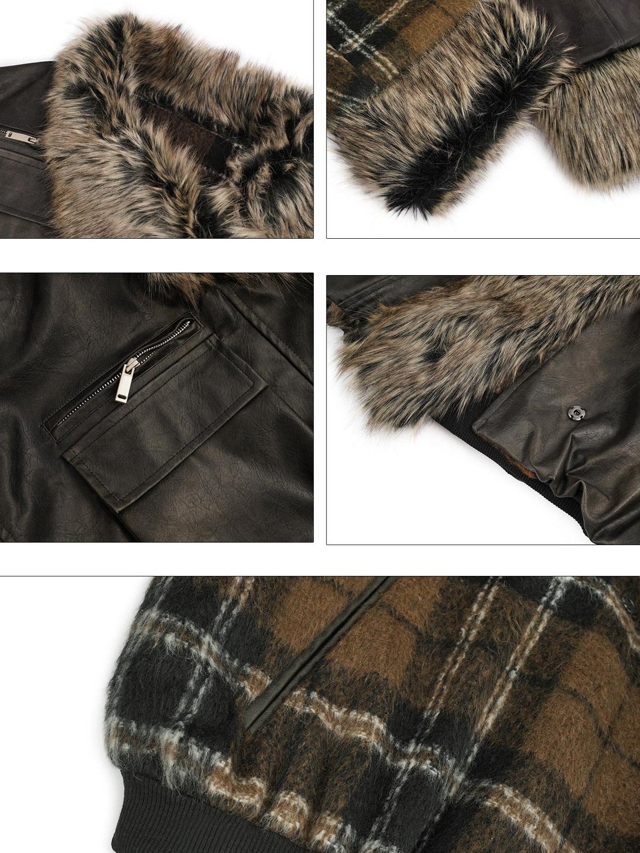 Nico Molly Dark Rock Plush Reversible Patchwork Plaid Women's Viscose Leather Jackets