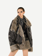 Nico Molly Dark Rock Plush Reversible Patchwork Plaid Women's Viscose Leather Jackets