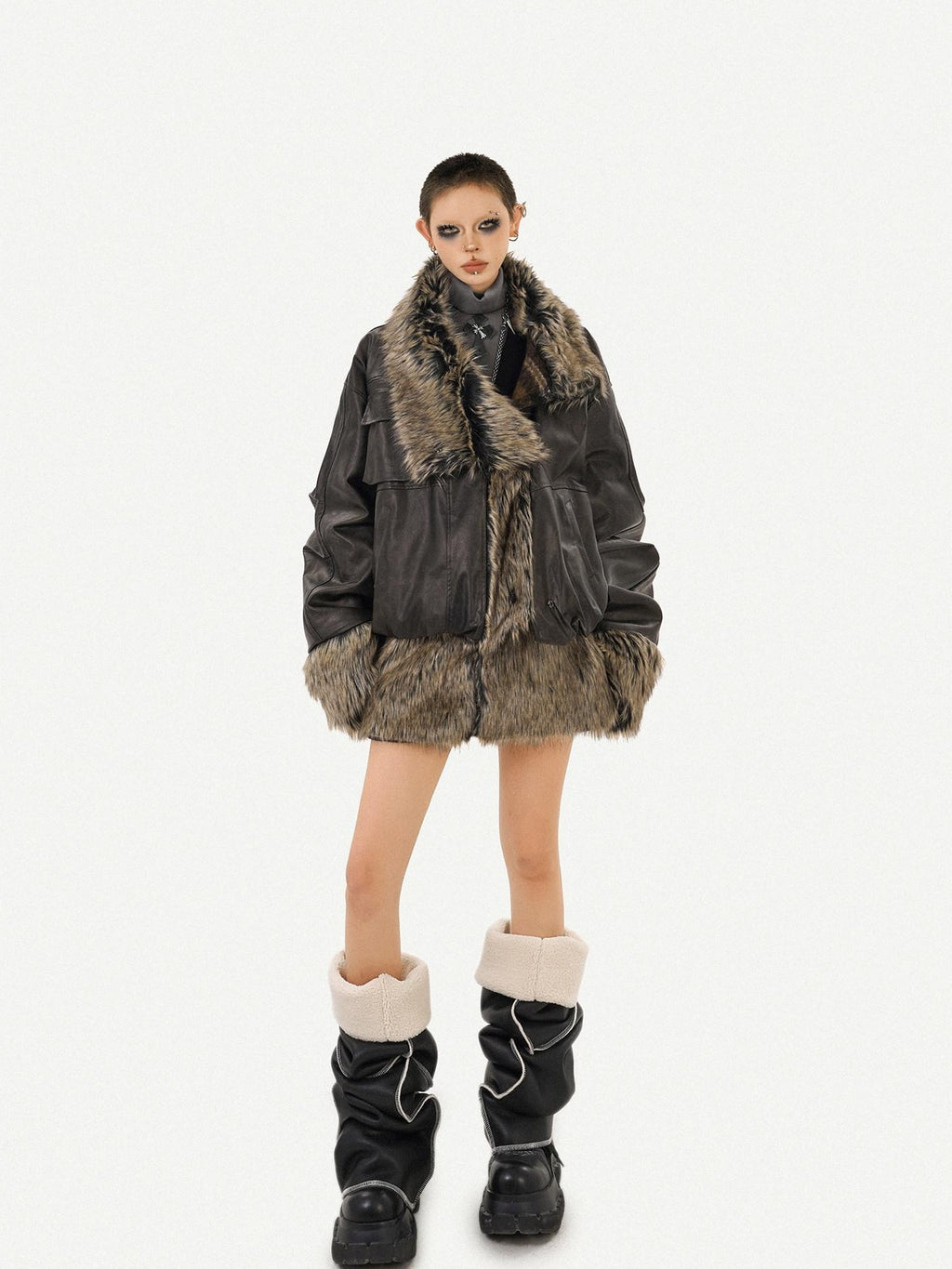 Nico Molly Dark Rock Plush Reversible Patchwork Plaid Women's Viscose Leather Jackets