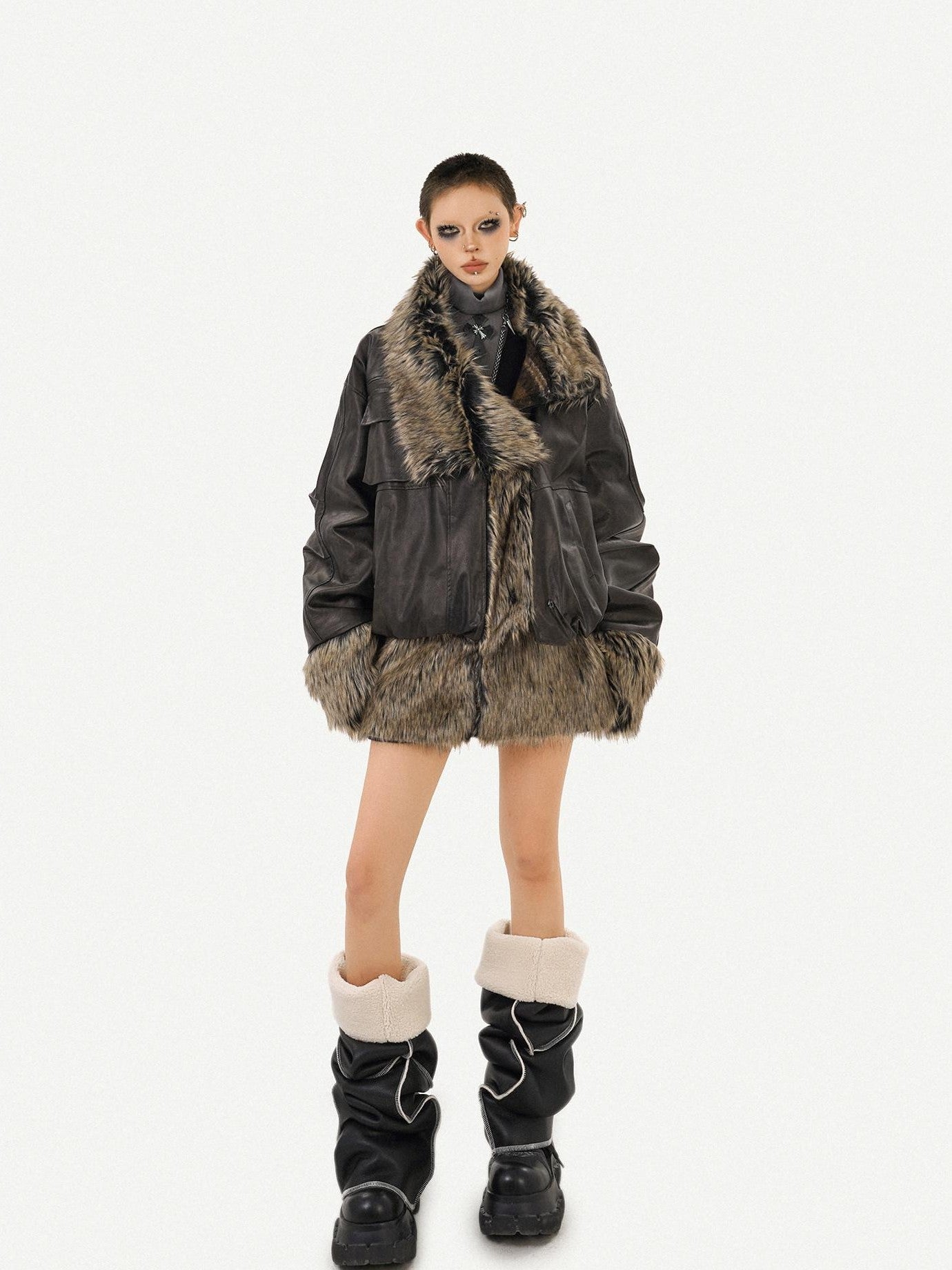 Nico Molly Dark Rock Plush Reversible Patchwork Plaid Women's Viscose Leather Jackets