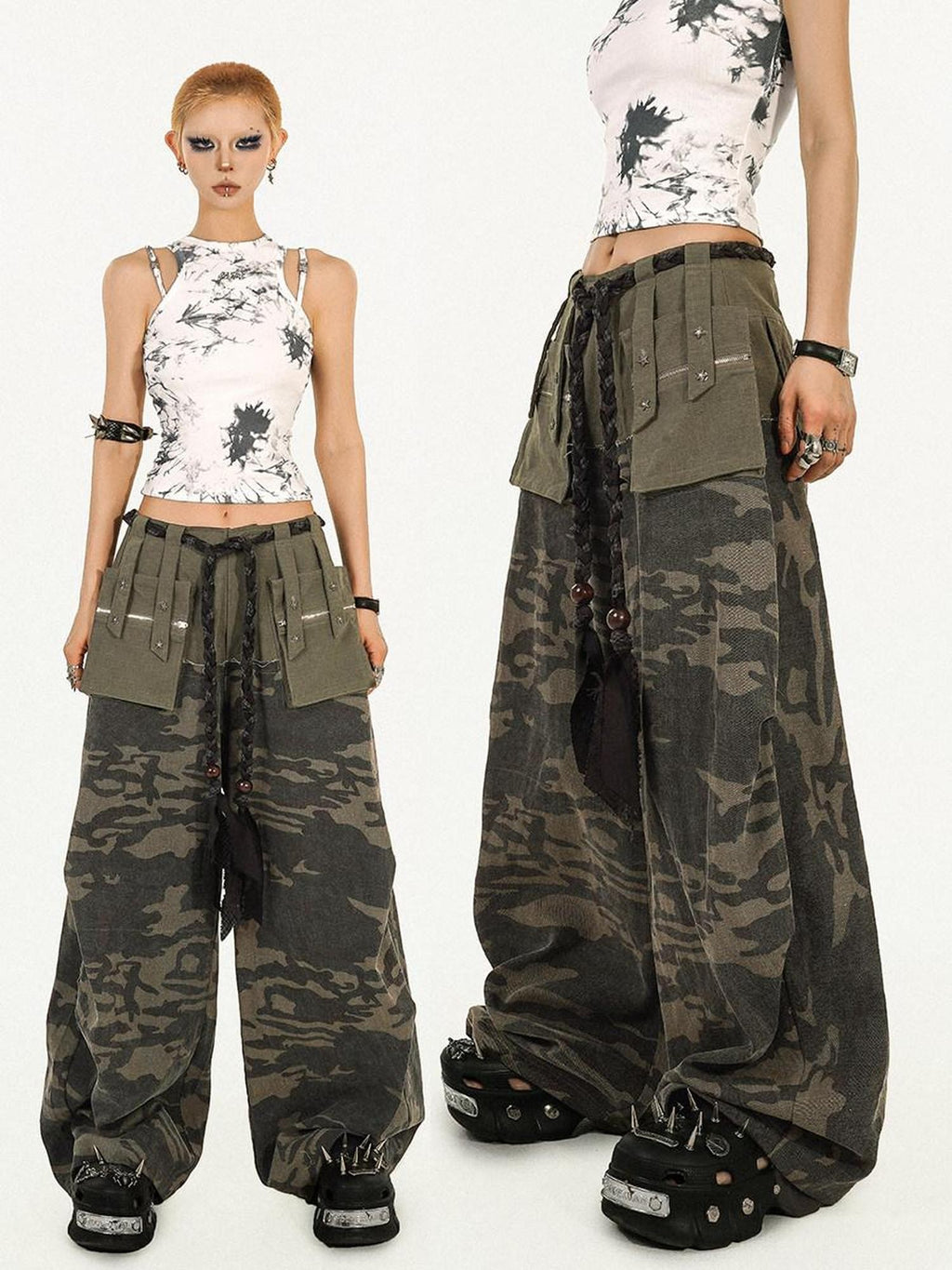 Nico Molly Deep Green Heavy Duty Camouflage Cargo Multi Pocket Women's Wide-leg Pants