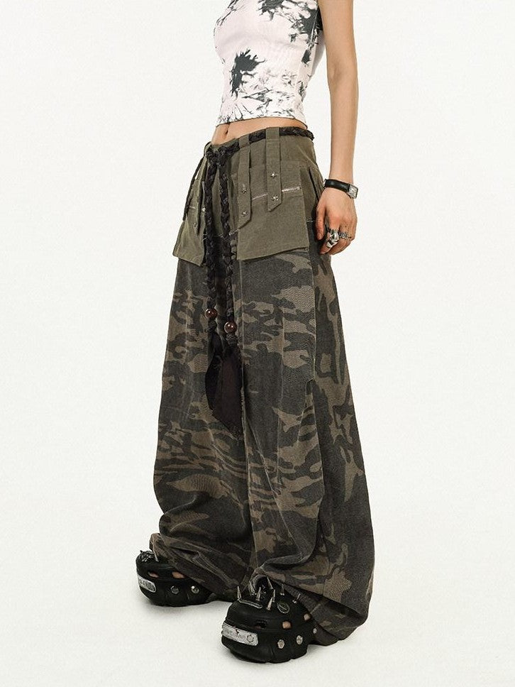 Nico Molly Deep Green Heavy Duty Camouflage Cargo Multi Pocket Women's Wide-leg Pants