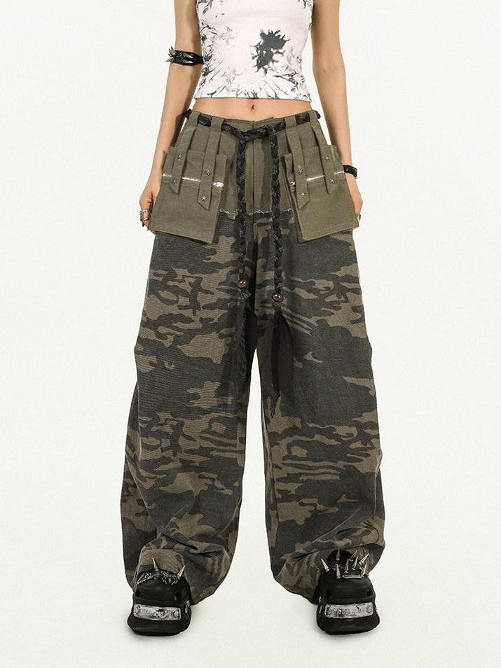 Nico Molly Deep Green Heavy Duty Camouflage Cargo Multi Pocket Women's Wide-leg Pants