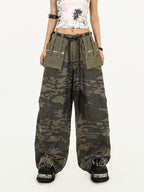 Nico Molly Deep Green Heavy Duty Camouflage Cargo Multi Pocket Women's Wide-leg Pants
